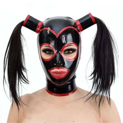 WJPTDKJ Latex Hood Latex Head Cover with Double Ponytail Natural Latex Open Eyes Mouth for Novelty Latex Club Garment(Size:XXL-73CM)