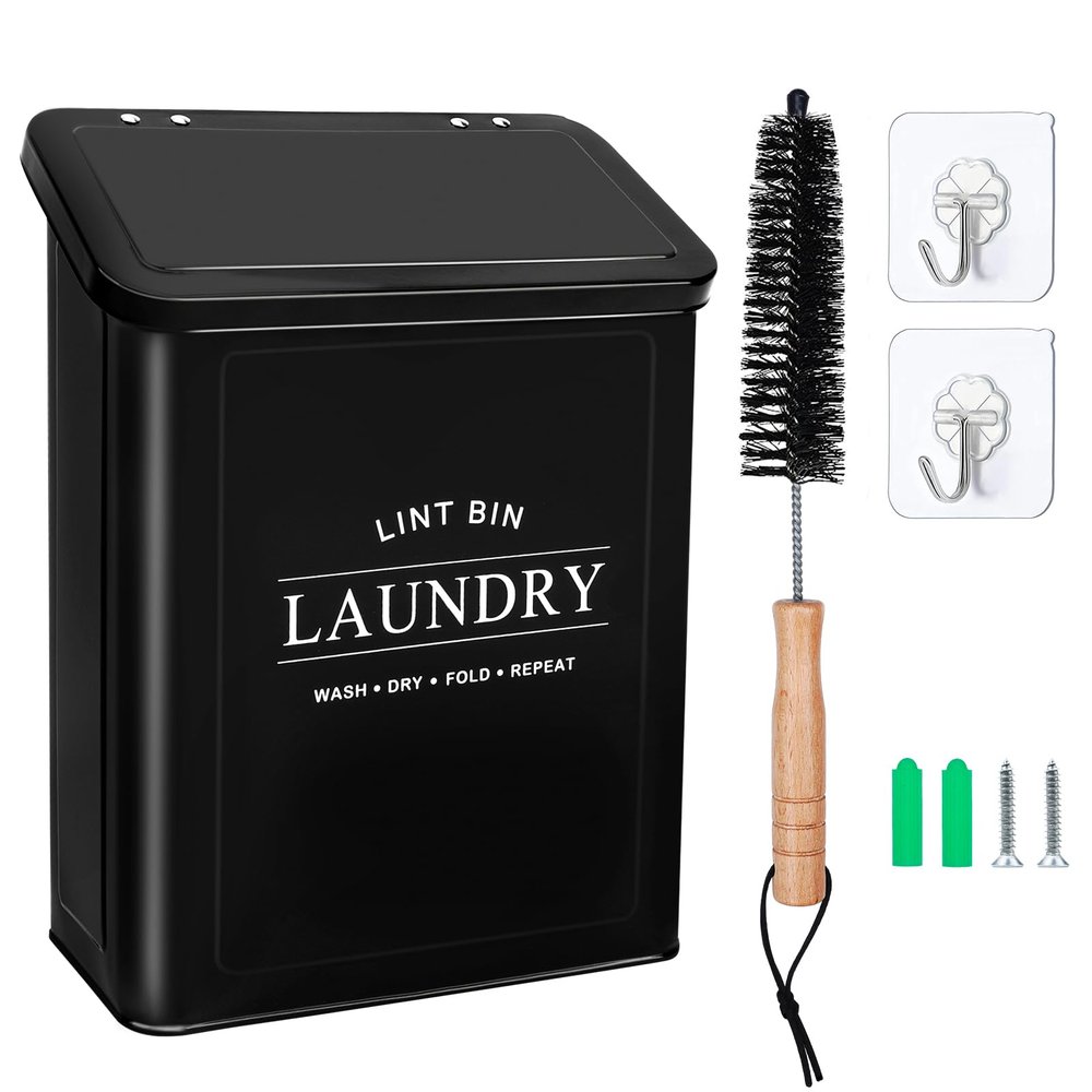 Fantasyon Magnetic Lint Bin with Lint Brush for Laundry Room Decor Farmhouse Rustic Metal Wall Mounted Lint Box Holder Keeper Organization Lint Trash Can with lid for Dryer (black)