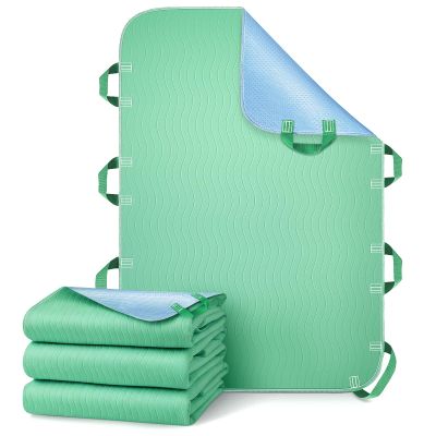 Sino Salected Bed Pads Washable Waterproof, Reusable Bed Underpads 34x52 Inch with 8 Reinforced Handles, 4-Layer Absorbent Positioning Bed Pad for Elderly Adults, Non-Slip, Supports 400lbs(Green3pcs)