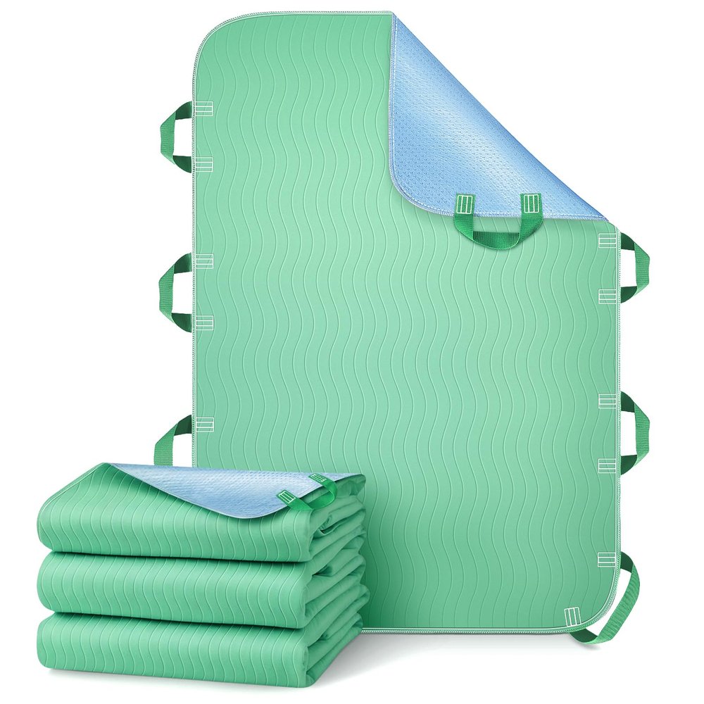 Sino Salected Bed Pads Washable Waterproof, Reusable Bed Underpads 34x52 Inch with 8 Reinforced Handles, 4-Layer Absorbent Positioning Bed Pad for Elderly Adults, Non-Slip, Supports 400lbs(Green3pcs)