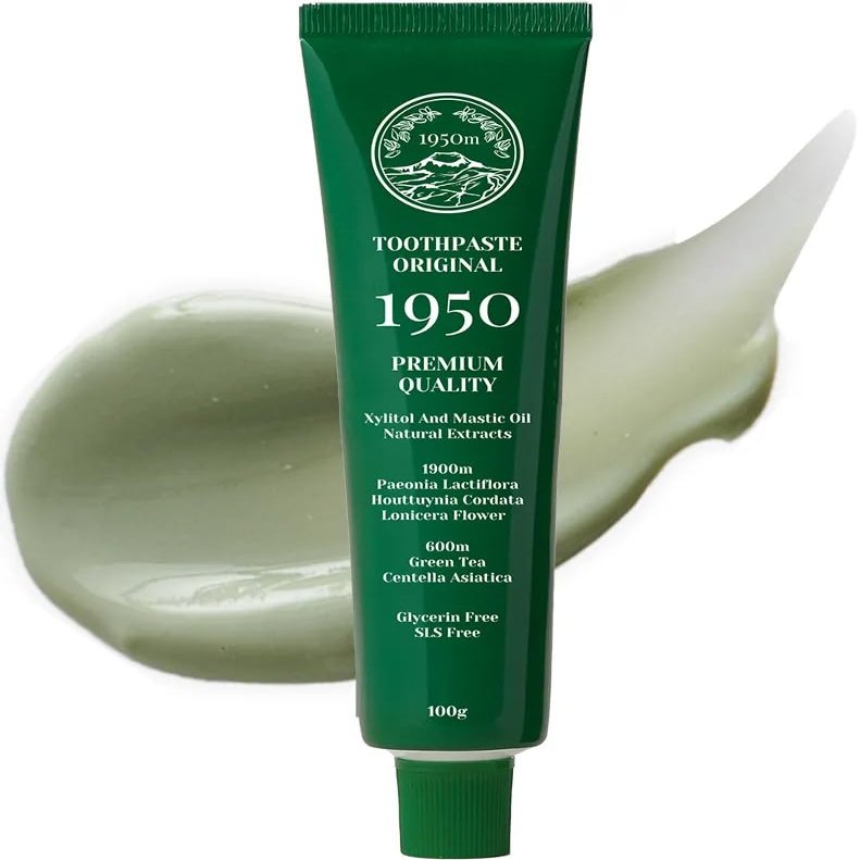 1950 Jeju Original Green Tea Toothpaste, Jeju Green Tea, Fluoride-Free Natural Formula with Hydroxyapatite, Sensitive Teeth, Gum Care, Brightening, Remineralizing, SLS-Free, Green Tea Taste (3.5 oz)
