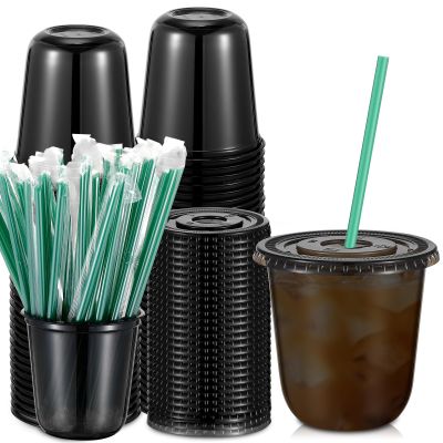 Baderke 25 Set Disposable Iced Plastic Cups with Lids Straws,Black,12 Oz