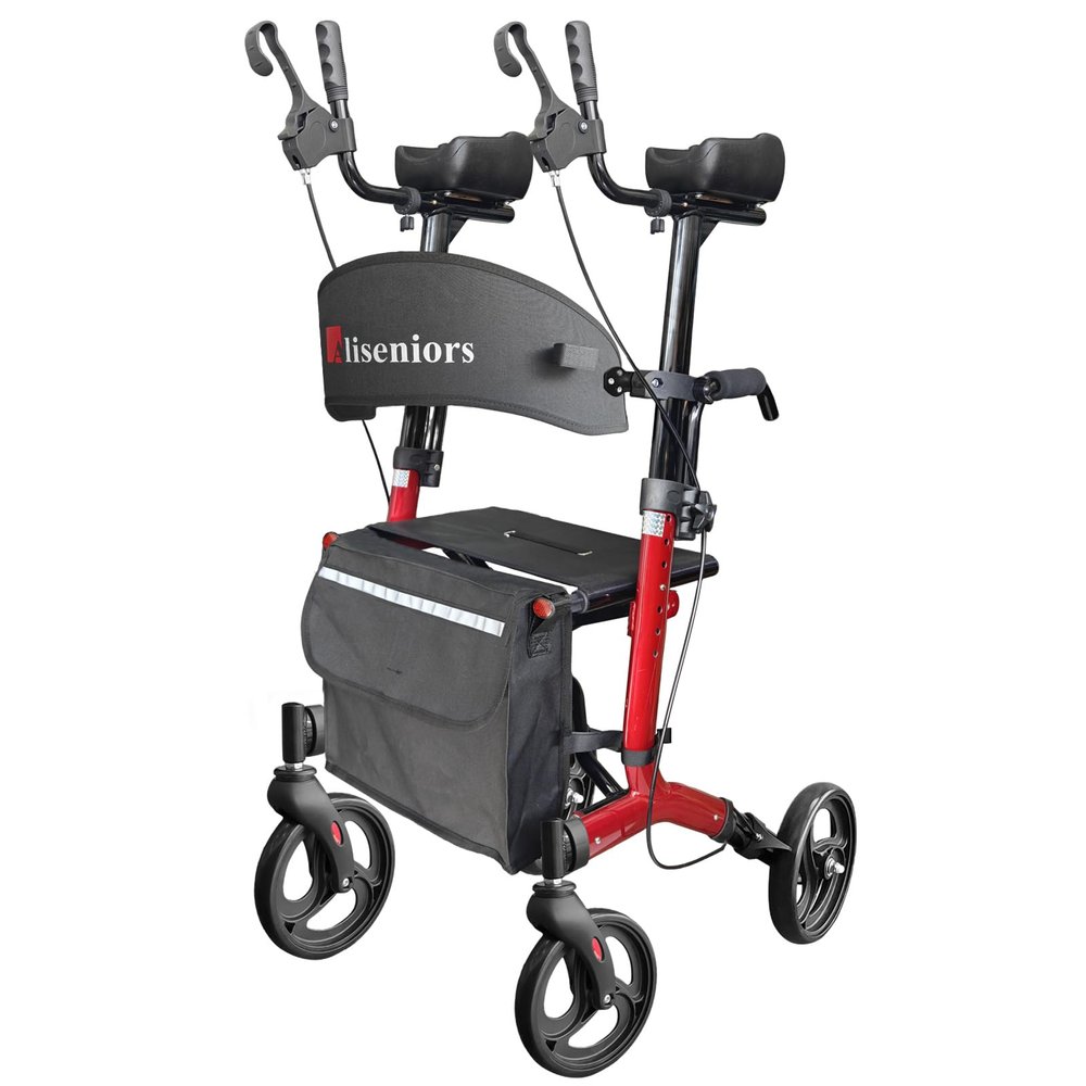 Aliseniors Upright Walker, Stand Up Rollator Walker with Seat, Foldable 4 Wheel Rolling Walker, Medical Aluminum Walkers for Seniors, Adjustable Padded Armrests, 8" Wheels, Supports 250lbs, Red