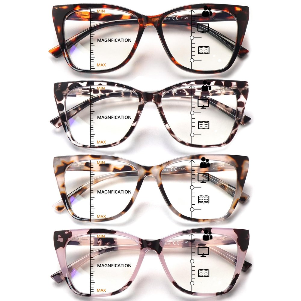 COJWIS 4 Pack Multifocus Progressive Reading Glasses for Women Men- Bifocal Computer/Book Readers Blue Light Blocking With Spring Hinge(Mix-4C,3.0x)
