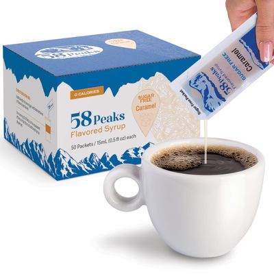 58Peaks Sugar-Free Caramel Syrup Sweetener Packets for Hot and Cold Drinks | To-Go Syrup Flavoring Perfect for Coffee, Tea, Milkshakes and More | Flavored Coffee Syrups for Travel | 15mL | 50-Pack