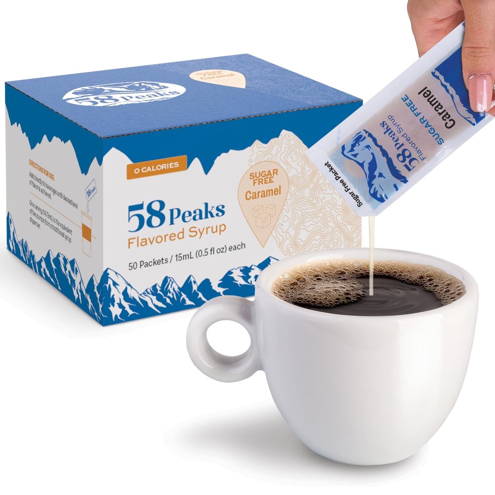 58Peaks Sugar-Free Caramel Syrup Sweetener Packets for Hot and Cold Drinks | To-Go Syrup Flavoring Perfect for Coffee, Tea, Milkshakes and More | Flavored Coffee Syrups for Travel | 15mL | 50-Pack