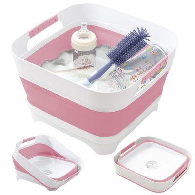 Collapsible Wash Basin for Baby Bottles - 2.4 Gallons Portable Wash Bin for RV Camping Sink, Space-Saving Dish Tub.Laundry & Utility Room Sinks (Pink)