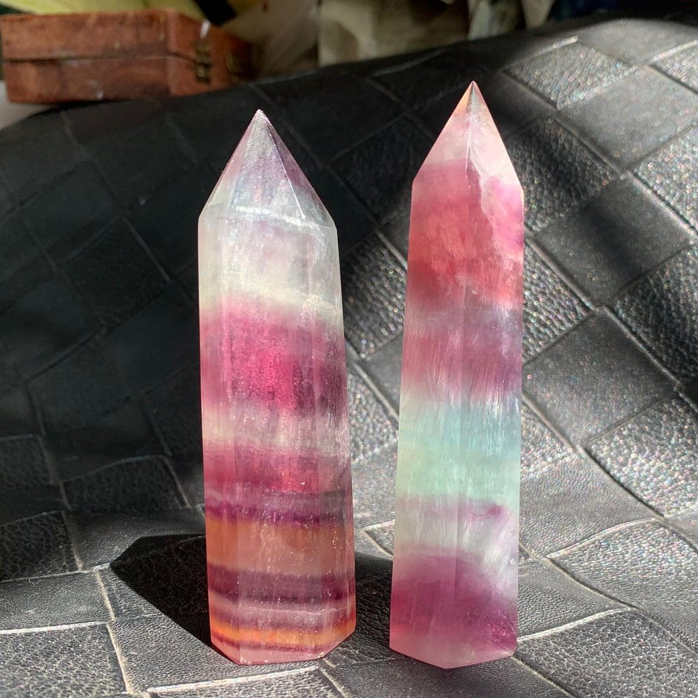 184g 2pcs Rainbow Candy Fluorite Tower - Cosmic Candy Energy for Creativity & Clarity Hand-Polished Crystal with Electric Color Bands | Ultimate Focus Obelisk for Artists & Healers