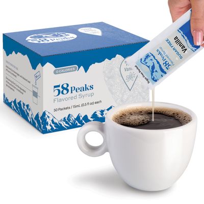 58Peaks Sugar-Free Vanilla Coffee Syrup Packets for Travel & On-the-Go Coffee | TSA-Approved Single Serve Flavor Packets | No Mess Alternative | 50 Count