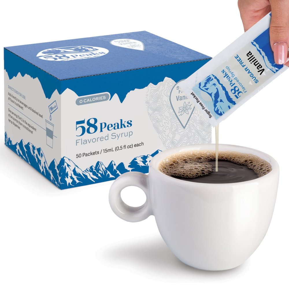 58Peaks Sugar-Free Vanilla Coffee Syrup Packets for Travel & On-the-Go Coffee | TSA-Approved Single Serve Flavor Packets | No Mess Alternative | 50 Count