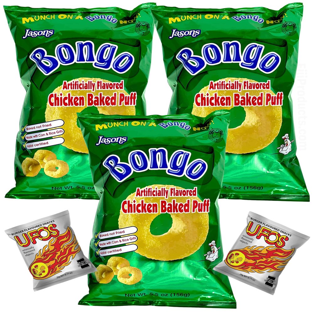 FIJI Puffs Snack - Bongo Chicken 3x 156g, UFO'S 2x 20g (Value 5 Packs) Crunchy Chicken Flavored Puffy Snacks From FIJI