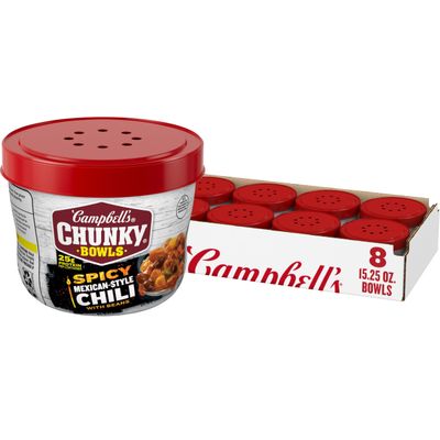Campbells Chunky Spicy Mexican-Style Chili With Beans, 15.25 oz Bowl (8 Pack)