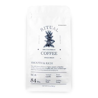 Ritual Specialty Coffee - Colombian Single Origin Whole Bean Coffee, Low Acid, Smooth & Rich, SCA 84+ Score (Caramel, Vanilla, Cocoa), Medium Roast, 12oz (340g), 100% Arabica Castillo Variety.