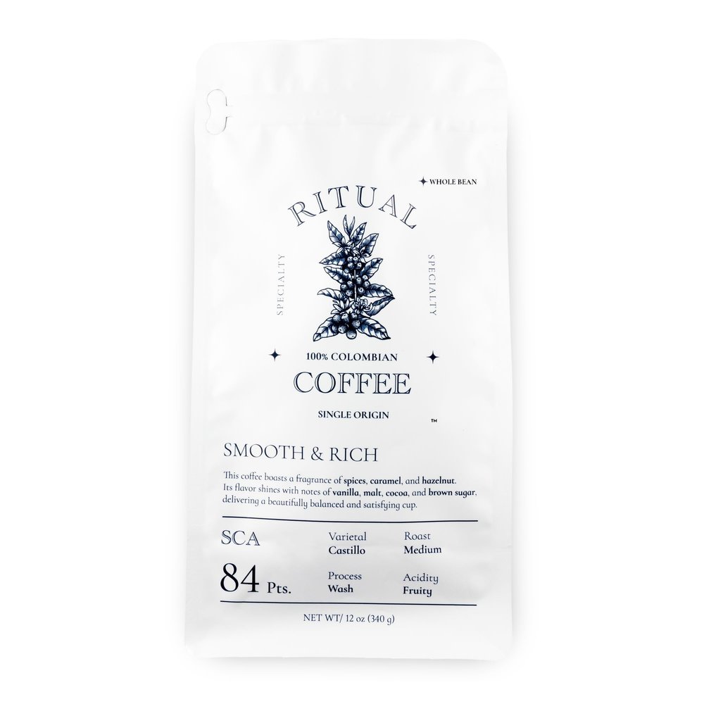 Ritual Specialty Coffee - Colombian Single Origin Whole Bean Coffee, Low Acid, Smooth & Rich, SCA 84+ Score (Caramel, Vanilla, Cocoa), Medium Roast, 12oz (340g), 100% Arabica Castillo Variety.