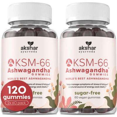 AKSHAR Ayurveda Ashwagandha KSM-66 Gummies, Organic Ashwagandha Supplements for Focus, Increase Energy & Strength, Chicory Root Fiber & Natural Cherry Flavor (60 Count (Pack of 2))