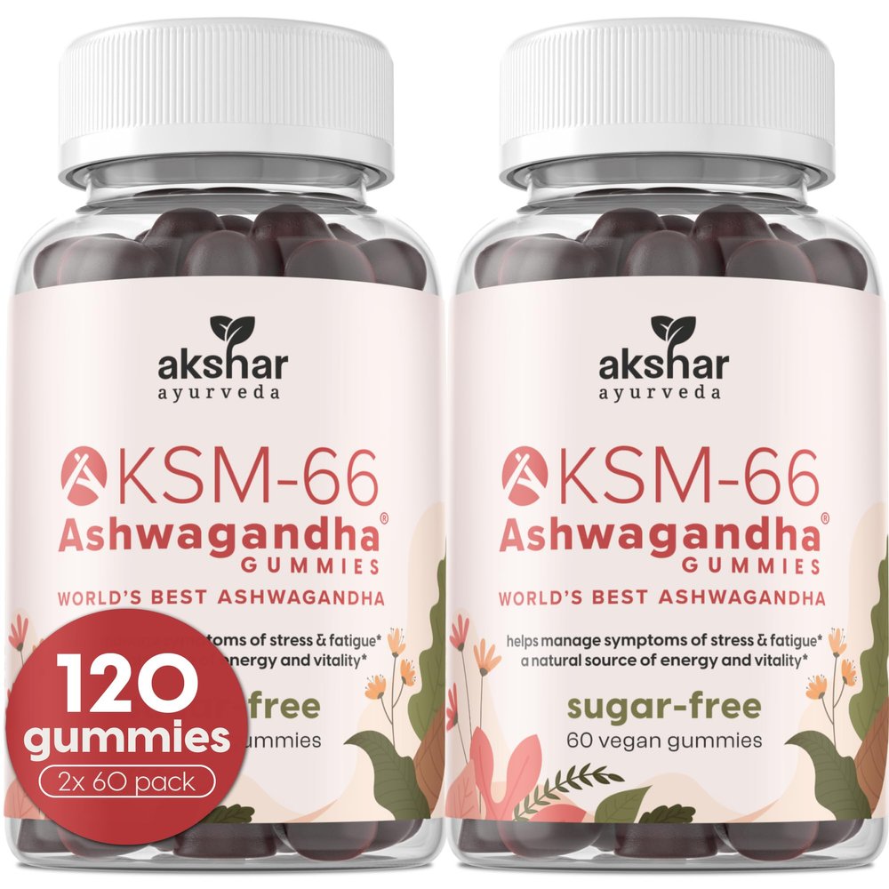 AKSHAR Ayurveda Ashwagandha KSM-66 Gummies, Organic Ashwagandha Supplements for Focus, Increase Energy & Strength, Chicory Root Fiber & Natural Cherry Flavor (60 Count (Pack of 2))