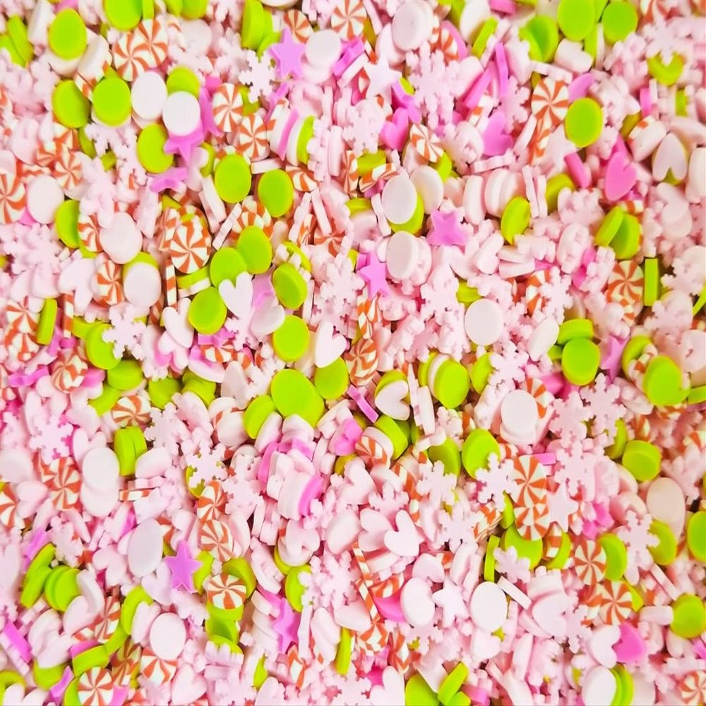 C.L.W. Holiday, Acid Green with Pink Hearts and Snowflakes Sprinkle Mix, Polymer Clay Fake Sprinkles, Decoden Funfetti Jimmies rdnqu (Bag: 30 Grams)