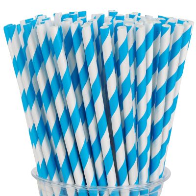 100 Packs Blue Biodegradable Striped Paper Straws, Disposable Drinking Straws for Birthday Carnival Summer Pool Party Wedding Baby Shower Halloween Christmas Party Decoration Supplies