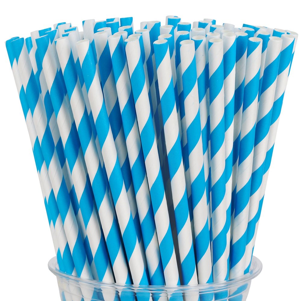 100 Packs Blue Biodegradable Striped Paper Straws, Disposable Drinking Straws for Birthday Carnival Summer Pool Party Wedding Baby Shower Halloween Christmas Party Decoration Supplies