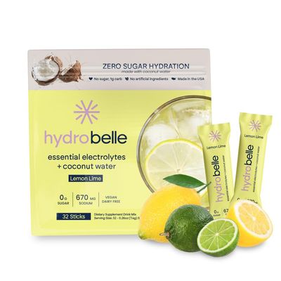 JoinBelle Belle HydroBelle Electrolyte Powder Drink Mix, Lemon Lime, Sugar Free Hydration Packets Made with Coconut Water and Electrolytes, Vegan, Keto, and Dairy Free, Travel Friendly, 32 Count