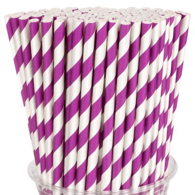 100 Packs Purple Biodegradable Striped Paper Straws, Disposable Drinking Straws for Birthday Carnival Summer Pool Party Wedding Baby Shower Halloween Christmas Party Decoration Supplies