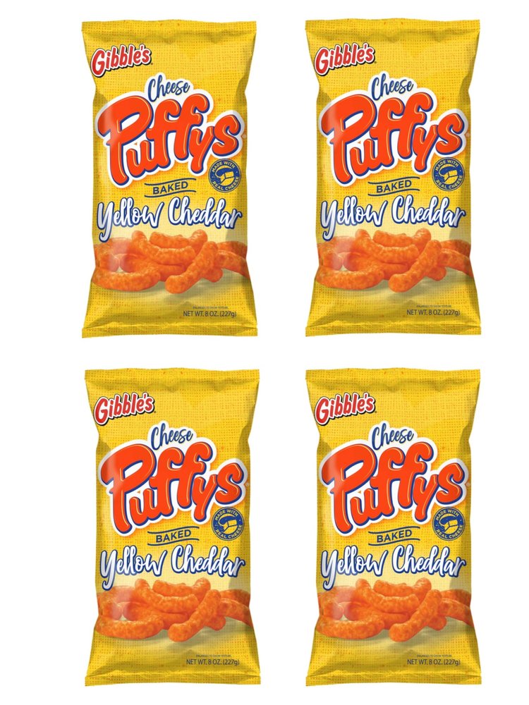 Nibble with Gibbles Yellow Cheddar Cheese Puffys Original Baked -made by Gibble's 8 oz (4 Bags)