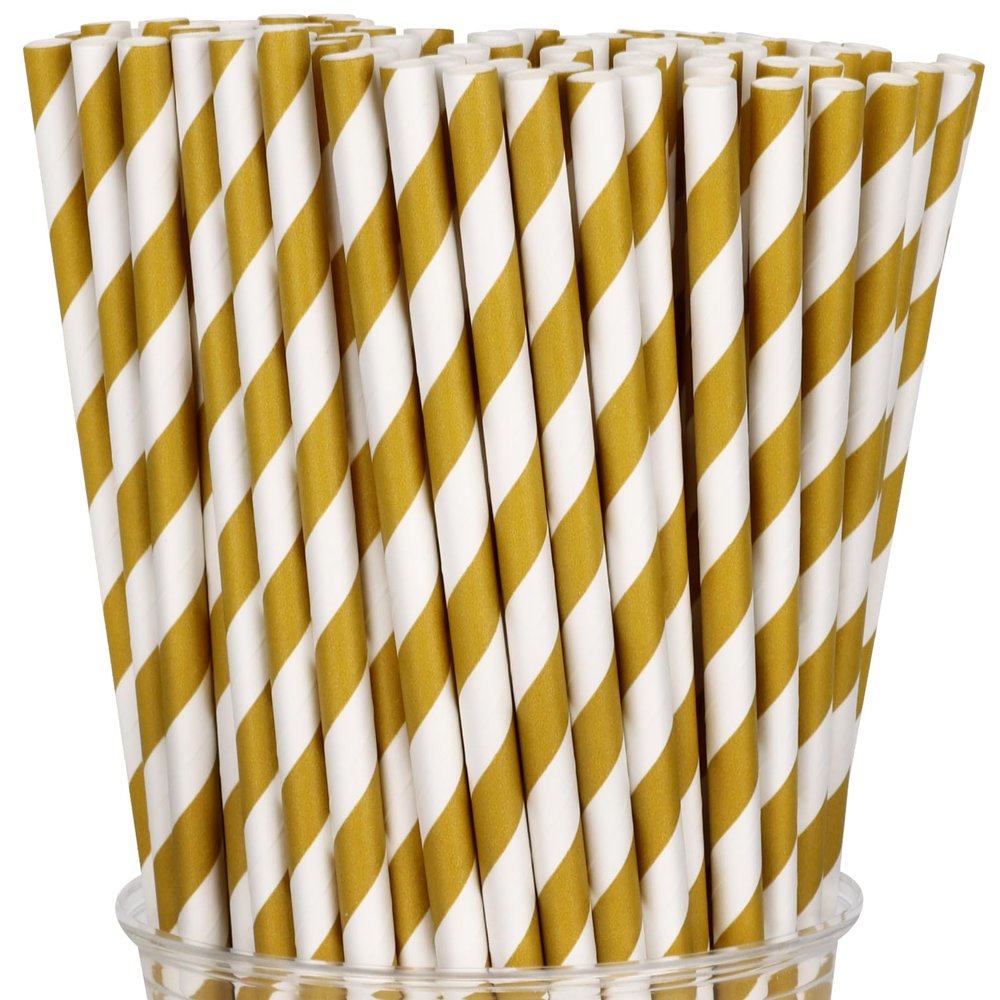 100 Packs Brown Biodegradable Striped Paper Straws, Disposable Drinking Straws for Birthday Carnival Summer Pool Party Wedding Baby Shower Halloween Christmas Party Decoration Supplies