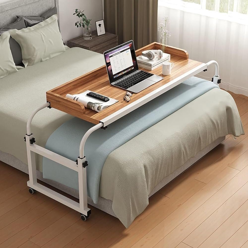 Mobile Overbed Table - Adjustable Height & Length, Stable Laptop Tray with Wheels for Kids & Adults