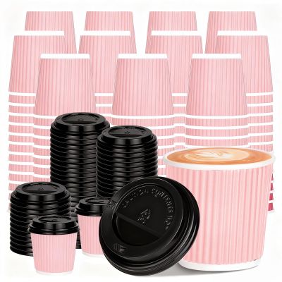 100 4oz Disposable Espresso Cups with Lids Ripple Corrugated Paper Disposable Coffee Cups Cups for Hot Chocolate, Tea, and Cocoa Drinks (Pink)