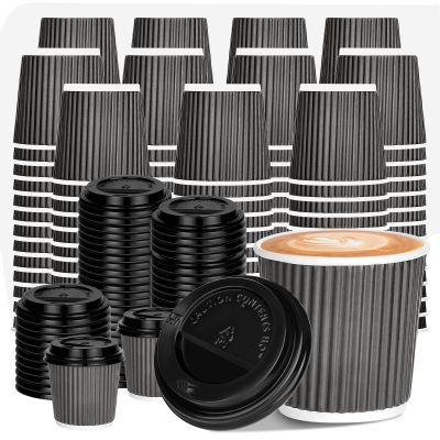 100 4oz Disposable Espresso Cups with Lids Ripple Corrugated Paper Disposable Coffee Cups Cups for Hot Chocolate, Tea, and Cocoa Drinks (Grey)