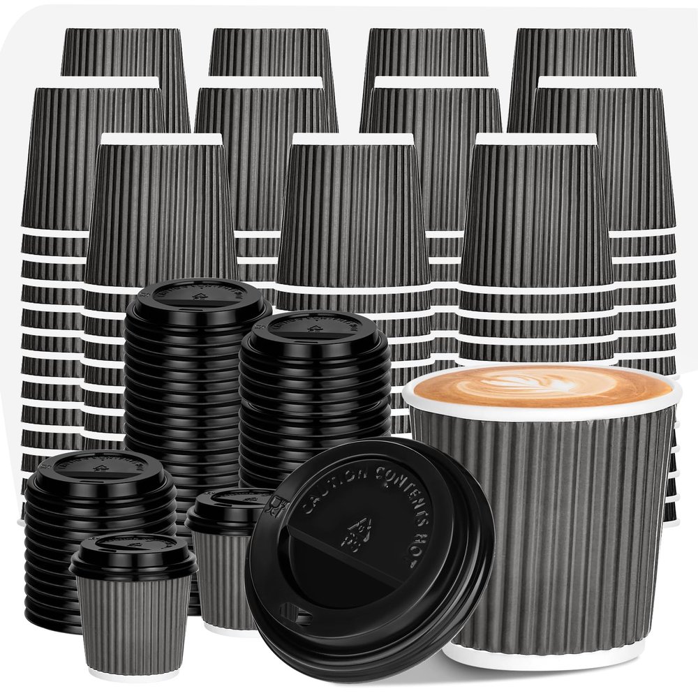100 4oz Disposable Espresso Cups with Lids Ripple Corrugated Paper Disposable Coffee Cups Cups for Hot Chocolate, Tea, and Cocoa Drinks (Grey)