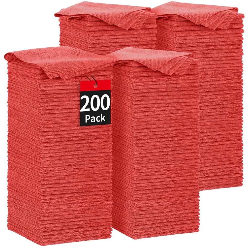 HOMERHYME Microfiber Cleaning Cloth, 200 Pack Red Cleaning Rags Microfiber Towel Bulk Absorbent Lint-Free Wash Cloths, All-Purpose Towels for Cars, Shop, Automotive, Garage, Home & Kitchen