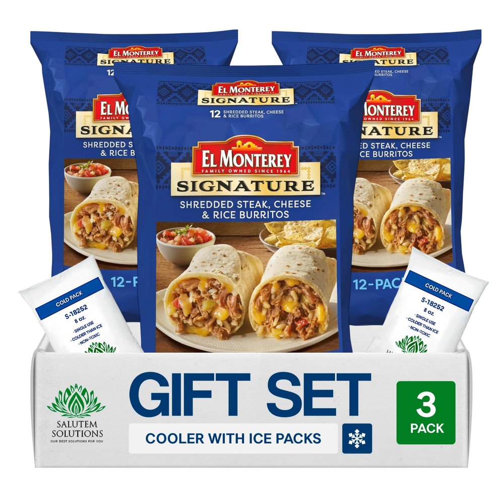 Salutem Vita Shredded Steak Cheese Rice Burritos, Frozen Meal Gift Set, 57,6 oz Pack of 3