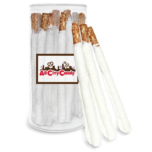 All City Candy Hand-Dipped White Chocolate Covered Pretzel Rods Holiday ready Sweet & Salty Treats, Individually Wrapped,12-Piece Gift Tube, Perfect for Seasonal Celebrations, Weddings, Winter themed parties