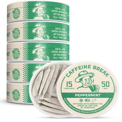 ALP Supply Co - Caffeine Break Peppermint Caffeine Pouches - Smooth Peppermint Flavor - Clean, Bold Energy Anytime - Made in USA - 50mg per pouch - 5 Pack, 15 Pouches Each
