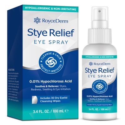 RoyceDerm Stye Eye Spray Eyelid Cleaner Gentle Hypochlorous Acid Eyelid & Lash Cleanser Mist, Fast Soothing Eyelid Cleansing Formula with 30 Dry Eyelid Wipes Daily Eye Care 3.4 fl oz