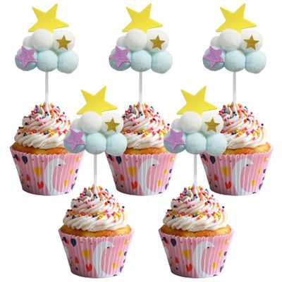 10 PCS Cloud and Star Pompom Cupcake Toppers Stars Clouds Picks for Party Unique Pentagram Clouds Cake Decorations for Cute Little Star Clouds Theme Baby Shower Birthday Party Decoration Supplies Blue