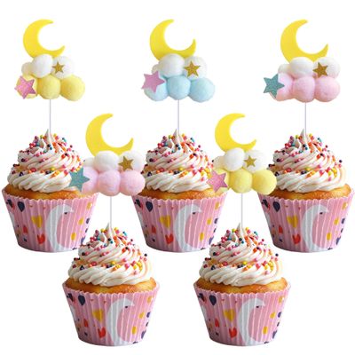 12 PCS Cloud Moon Cupcake Toppers Plush Little Star Cupcake Toppers Clouds Moon Party Decorations with Stars Moon Clouds Star Theme Baby Shower Birthday Wedding Party Decorations Supplies Mixed Color