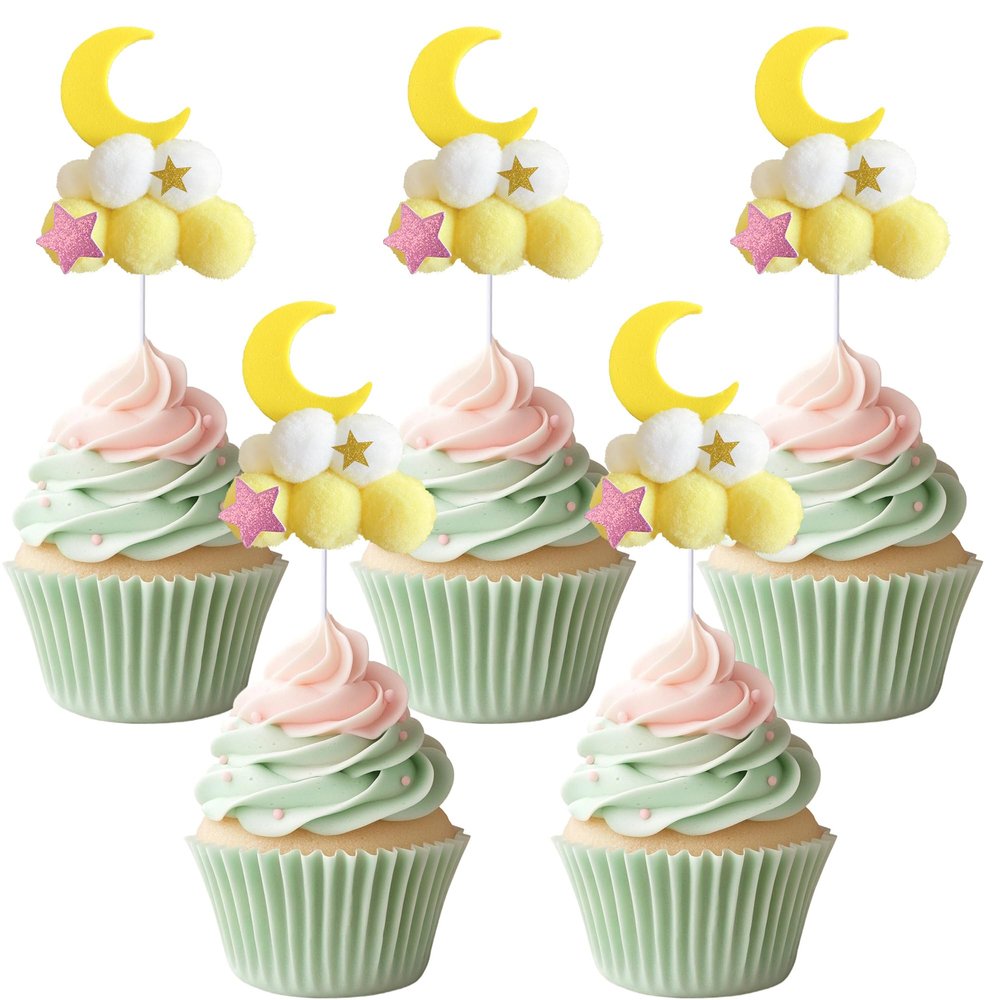 10 PCS Cloud Moon Cupcake Toppers Plush Little Star Cupcake Toppers Clouds Moon Party Decorations with Stars for Moon Clouds Star Theme Baby Shower Birthday Wedding Party Decorations Supplies Yellow