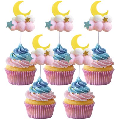 10 PCS Cloud Moon Cupcake Toppers Plush Little Star Cupcake Toppers Clouds Moon Party Decorations with Stars for Moon Clouds Star Theme Baby Shower Birthday Wedding Party Decorations Supplies Pink