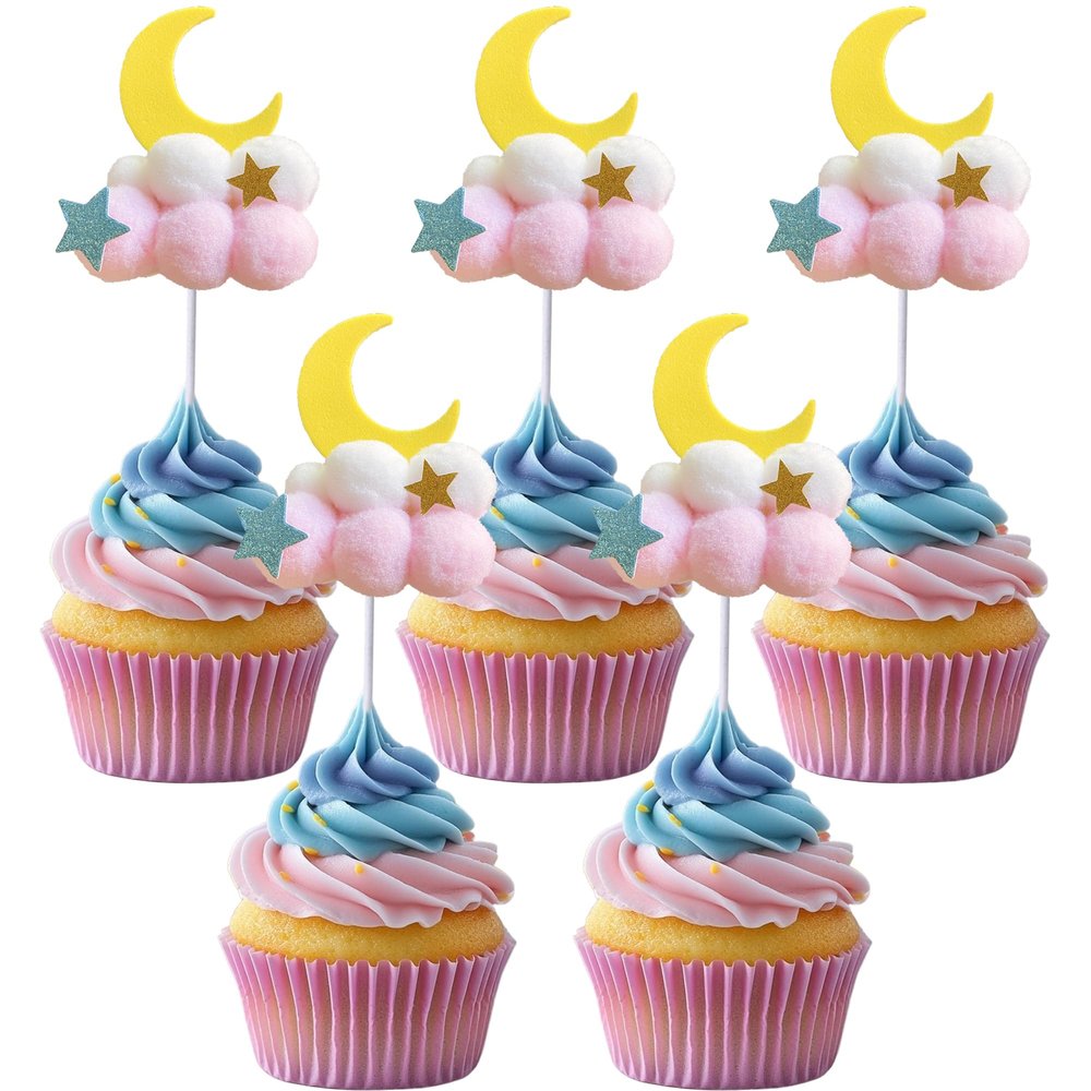10 PCS Cloud Moon Cupcake Toppers Plush Little Star Cupcake Toppers Clouds Moon Party Decorations with Stars for Moon Clouds Star Theme Baby Shower Birthday Wedding Party Decorations Supplies Pink