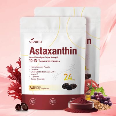 10 in 1 Astaxanthin Supplements 24mg, 8 Month Supply, Astaxantina Antioxidant from Haematococcus Pluvialis, Contains Lycopene, Grape Seed, Vitamin E, & More Supports Eye, Joints, Skin Health, 2 Bags