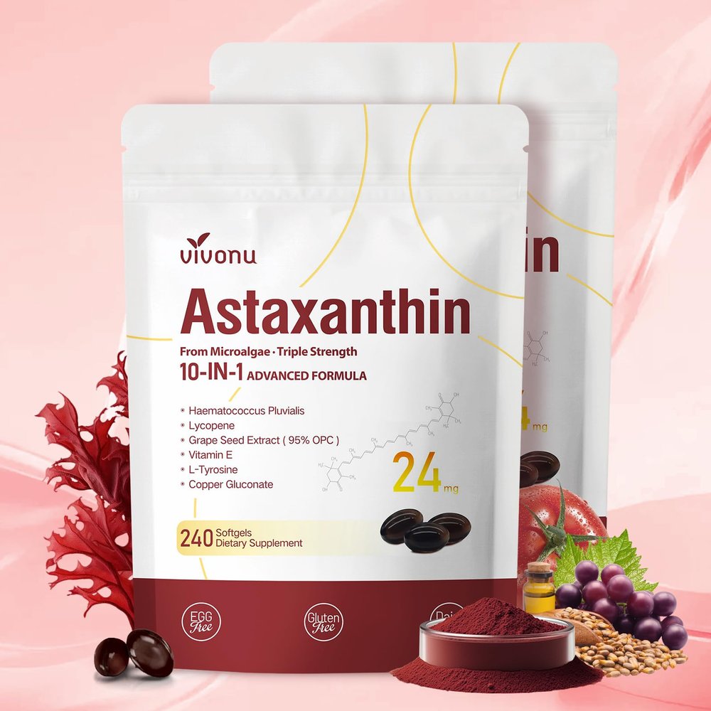 10 in 1 Astaxanthin Supplements 24mg, 8 Month Supply, Astaxantina Antioxidant from Haematococcus Pluvialis, Contains Lycopene, Grape Seed, Vitamin E, & More Supports Eye, Joints, Skin Health, 2 Bags