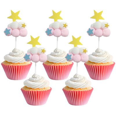 10 PCS Cloud and Star Pompom Cupcake Toppers Stars Clouds Picks for Party Unique Pentagram Clouds Cake Decorations for Cute Little Star Clouds Theme Baby Shower Birthday Party Decoration Supplies Pink