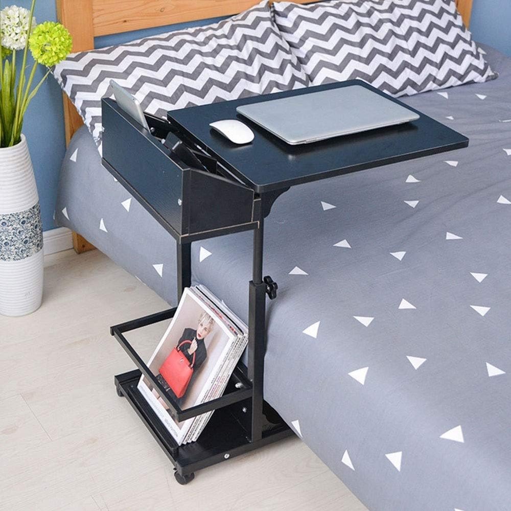 Overbed Table with Locking Swivel Wheels, Adjustable Hospital Bedside Table, Movable Food Tray Desk with Storage, Rolling Table