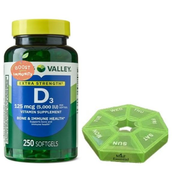 M&F Essential Pill Organiser with Vitamin D3 Extra Strength 5000 IU, High Potency Immune Support & Bone Health Supplement 250 Count Spring Valley