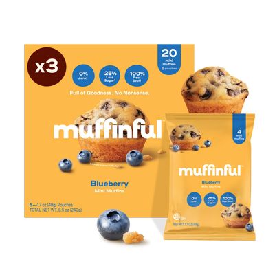 Muffinful Triple Blueberry Mini Muffins Bakery Fresh Bite-Sized Treats 60 Muffins Total (15 Packs of 4) Less Sugar, Nothing Artificial, Individually Wrapped