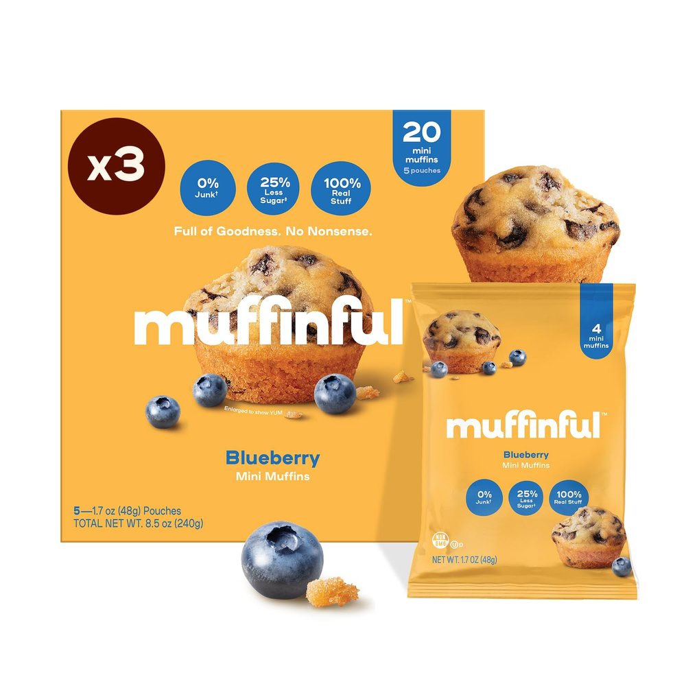 Muffinful Triple Blueberry Mini Muffins Bakery Fresh Bite-Sized Treats 60 Muffins Total (15 Packs of 4) Less Sugar, Nothing Artificial, Individually Wrapped