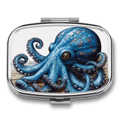 Blue Octopus Pill Box Square Metal Small Pill Case with 2 Compartment Portable Travel Pill Organizer for Vitamins, Medication, Fish Oil