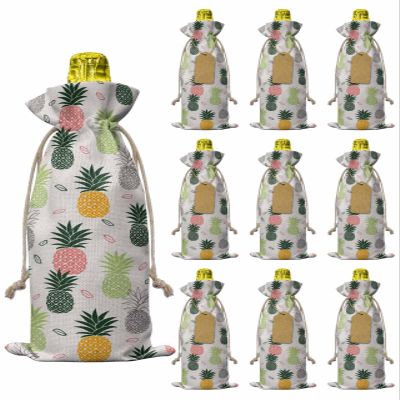 10pcs Linen Burlap Wine Bags with Drawstring Pink Green Pineapple Wine Gift Bag with Tags Reusable Wines Bottle Cover Gift Bags for Christmas Wines Tasting Party Farmhouse Summer Botanical Watercolor